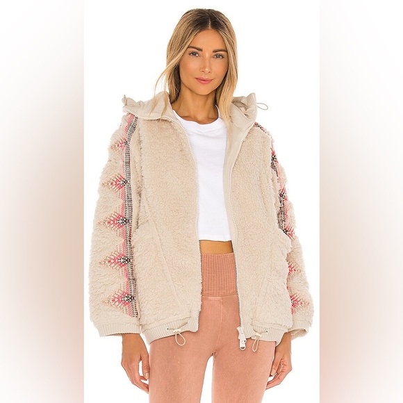 Free People Lodge Livin Sherpa Plush Fleece Soft Oversized Embroidered Jacket ML - Picture 4 of 11